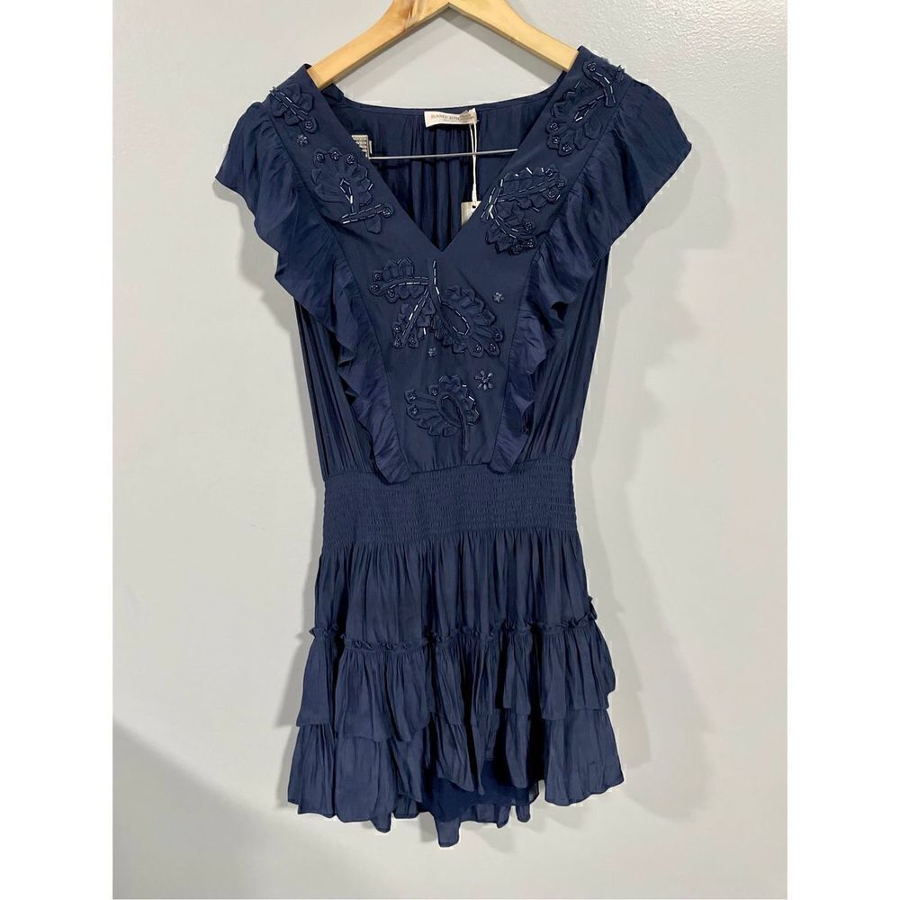 Brand New Ramy Brook Navy Blue Ari Smocked Embellished Mini Dress Women’s M $495